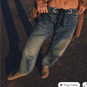 Free People Moxie pull on barrell Jeans with Paint Splatter.  
Timeless blue.